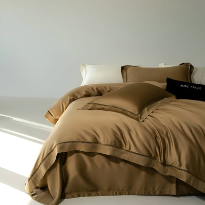 Rowan Eucalyptus Bedding Set - Front Side View - Main Product Image - Camel