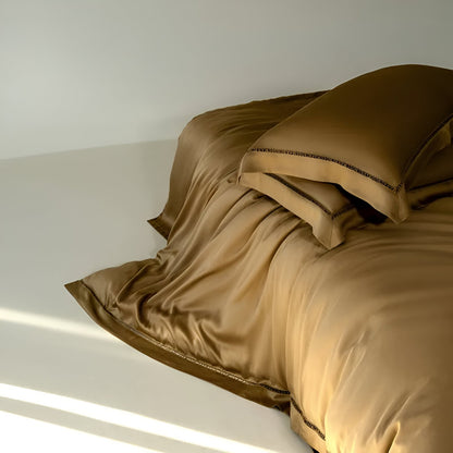 Rowan Eucalyptus Bedding Set - Side View - Left Side - Close Up - Camel