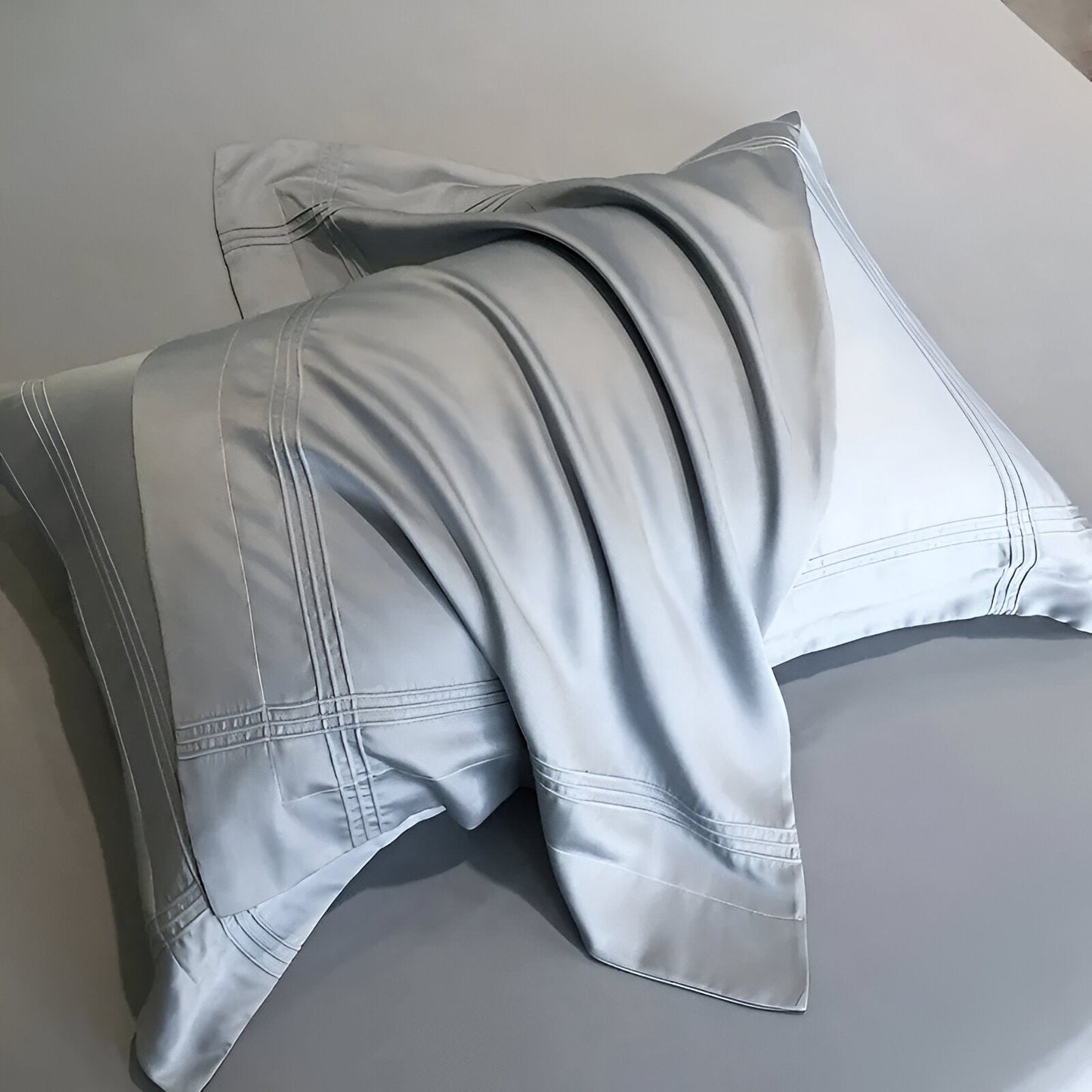 Ruby Eucalyptus Bedding Set - Close Up Of Pillowcases - Silvery Blue