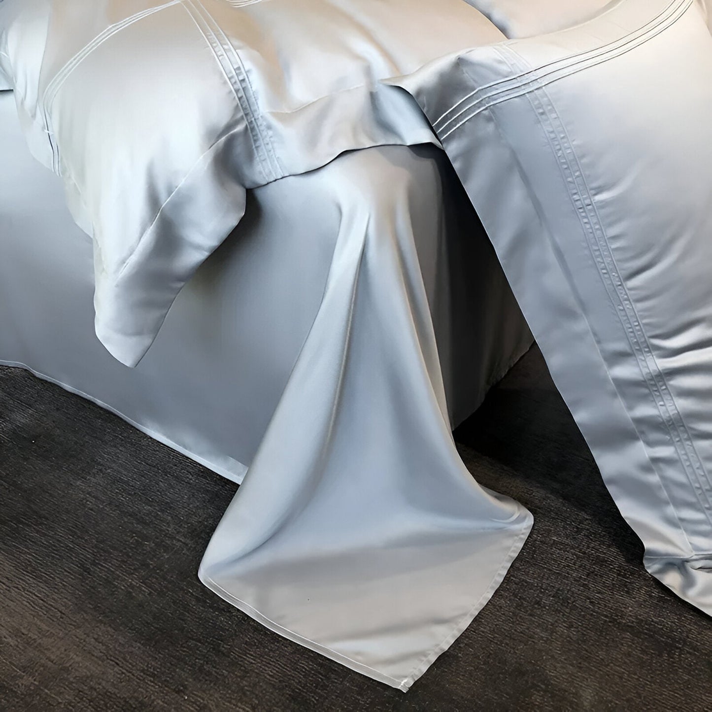 Ruby Eucalyptus Bedding Set - Close Up Of Flat Sheet - Silvery Blue