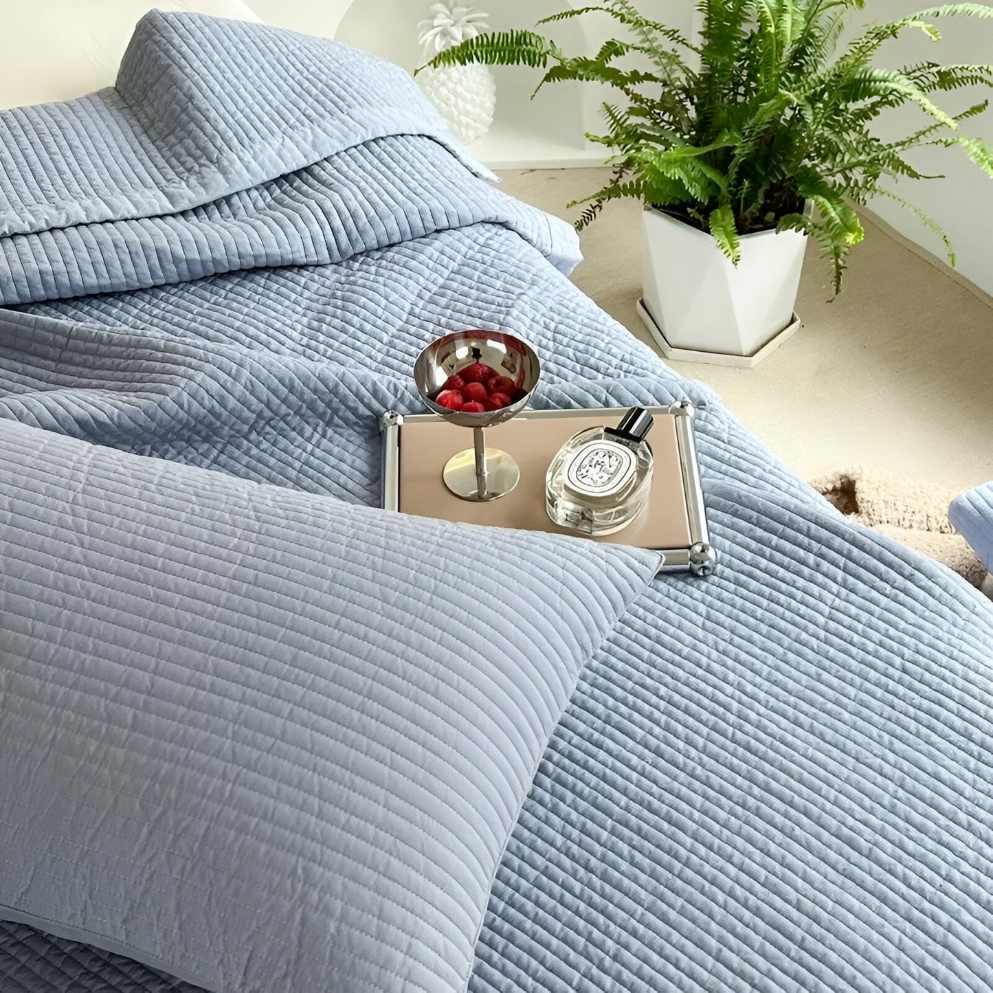 Silje Cotton Quilt Set - Close Up Of Detailing - Periwinkle Blue