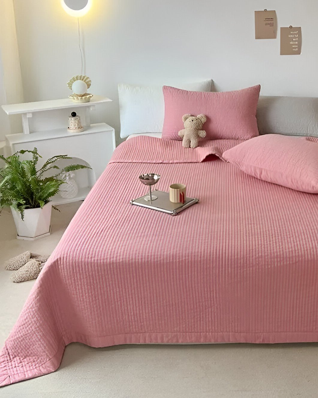 Silje Cotton Quilt Set - Front Side View - Pink