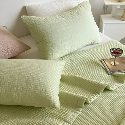 Silje Cotton Quilt Set - Close Up Of Pillowcases - Lime Green