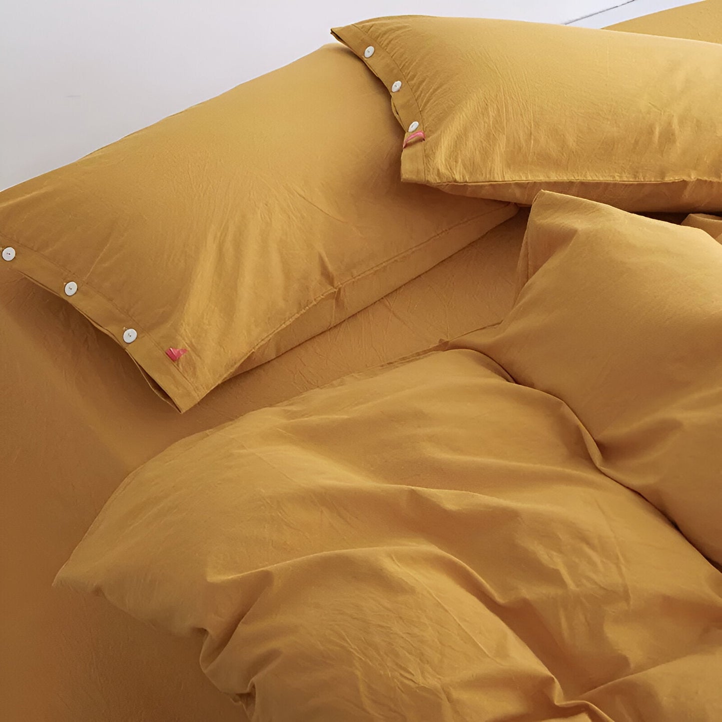 Stella Washed Cotton Bedding Set - Close Up Of Pillowcases - Yellow