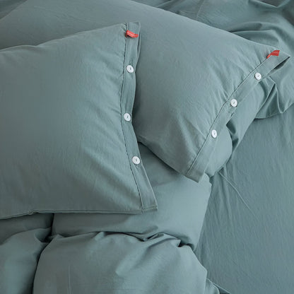 Stella Washed Cotton Bedding Set - Close Up Of Pillowcase Detailing - Arctic Blue