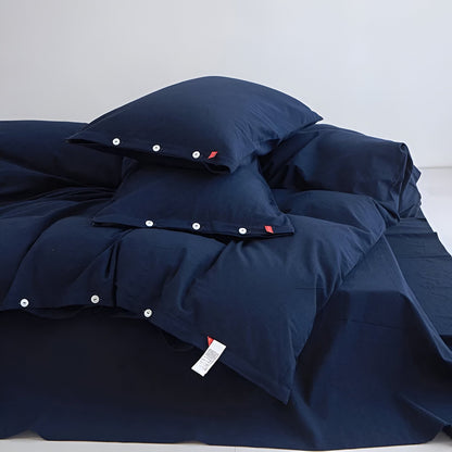 Stella Washed Cotton Bedding Set - Close Up Of Duvet Cover And Pillowcases - Navy Blue