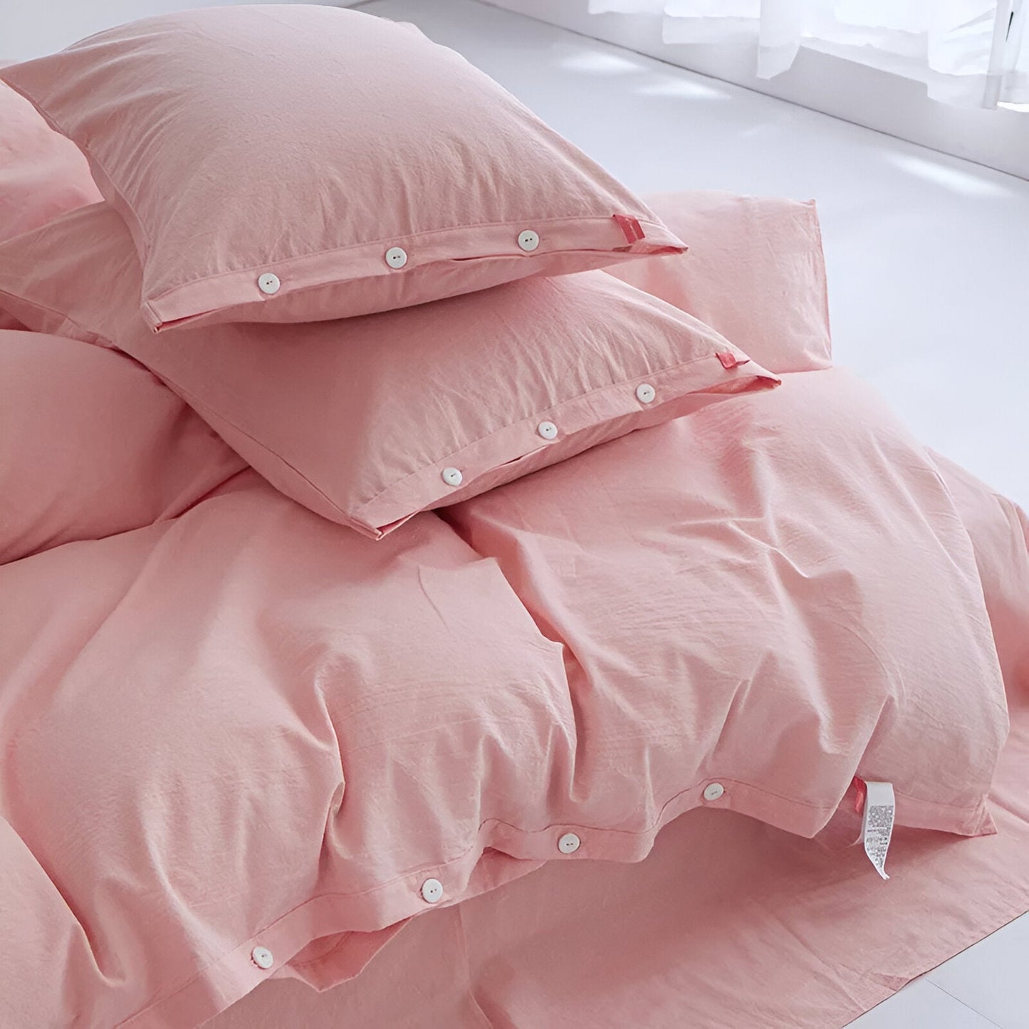 Stella Washed Cotton Bedding Set - Close Up Of Button Closure - Pink