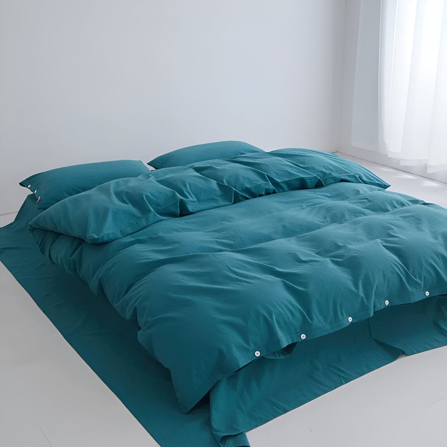 Stella Washed Cotton Bedding Set - Front Side View - Teal Blue