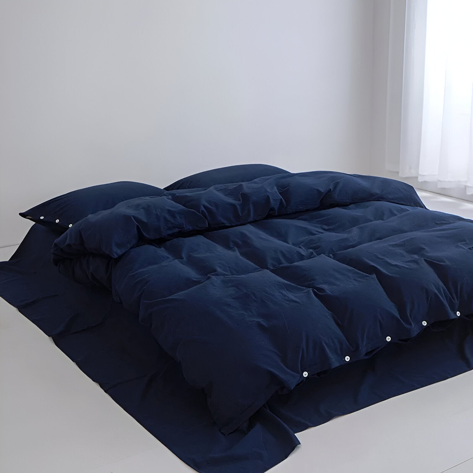 Stella Washed Cotton Bedding Set - Side View - Left Side - Navy Blue