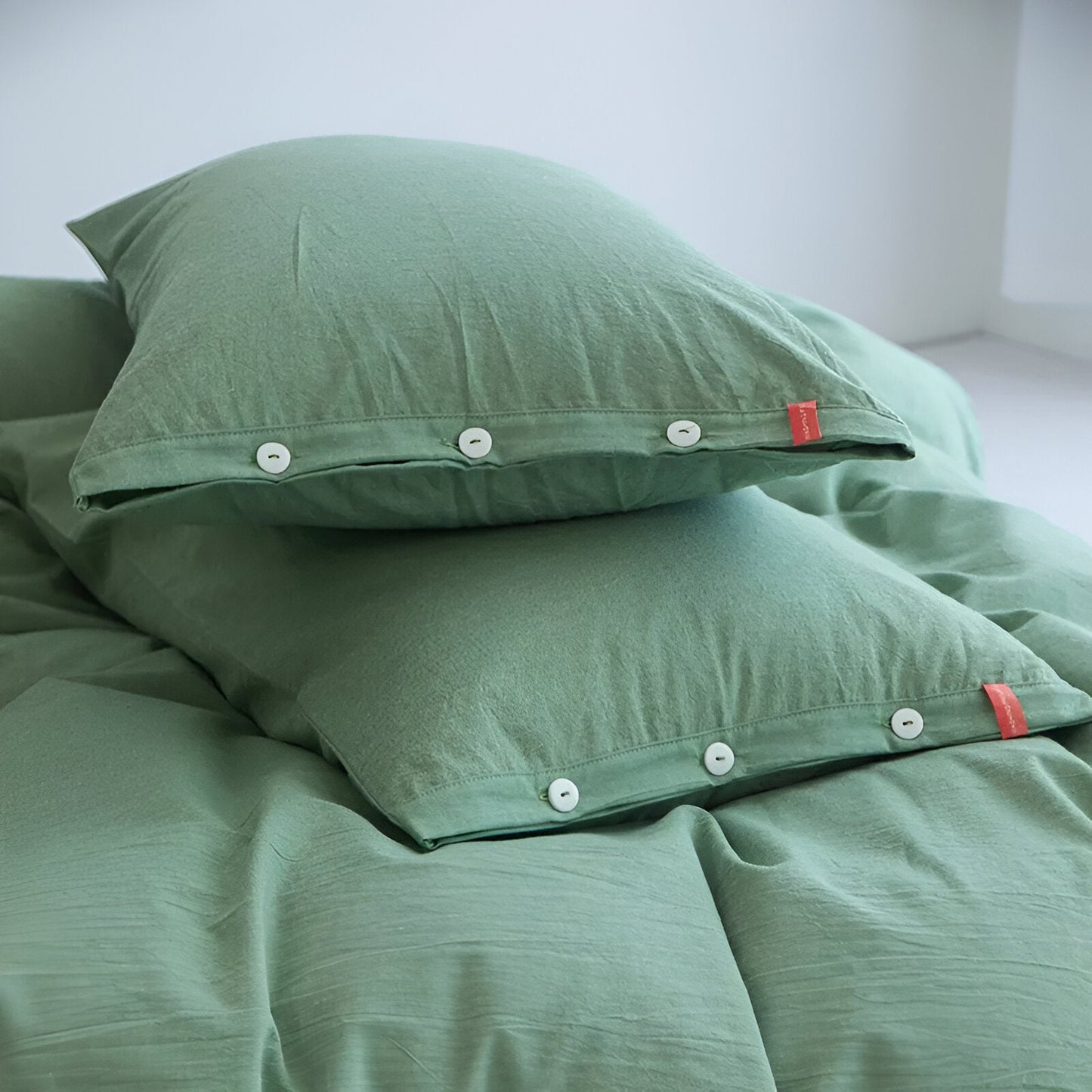 Stella Washed Cotton Bedding Set - Close Up Of Pillowcase Detailing - Mint Green