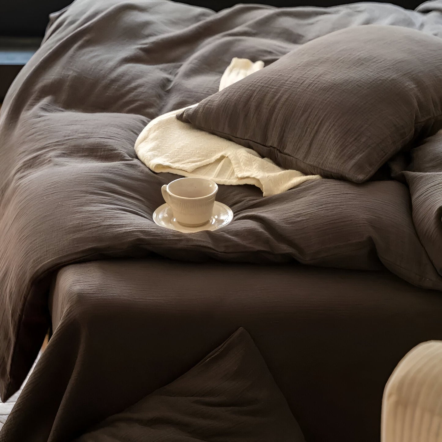 Sylvi Linen Bedding Set - Close Up Of Detailing - Dark Taupe