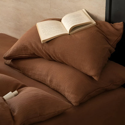 Sylvi Linen Bedding Set - Close Up Of Pillowcase Detailing - Russet