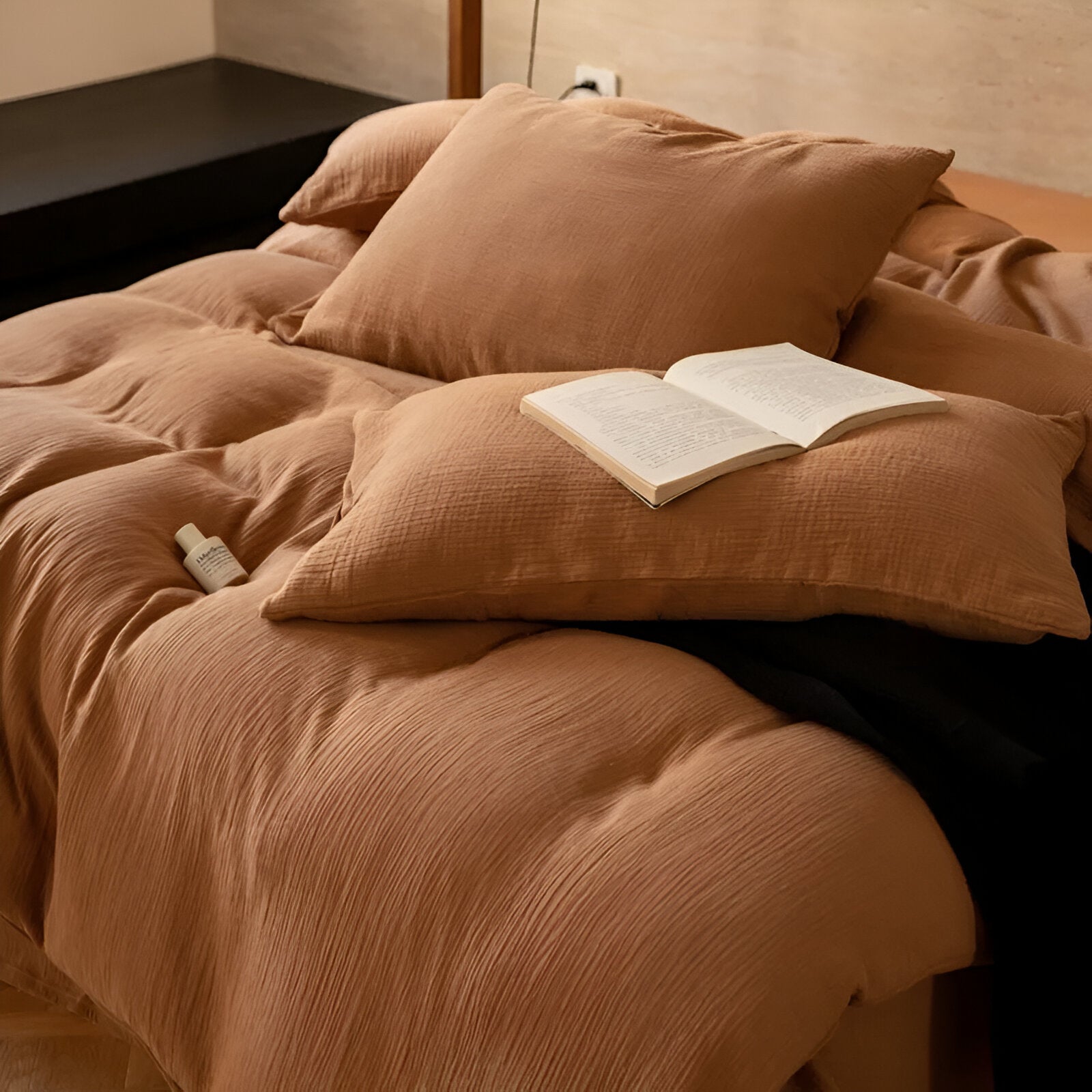 Sylvi Linen Bedding Set - Close Up Of Detailing - Caramel